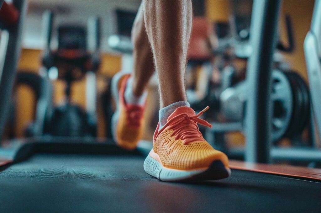 Jogger mit Turnschuhen auf Laufband Ausschnitt Turnschuh zur Laufstilanalyse Fußfehlstellung analysieren Probleme Schmerzen durchs Laufen und joggen Generative AI